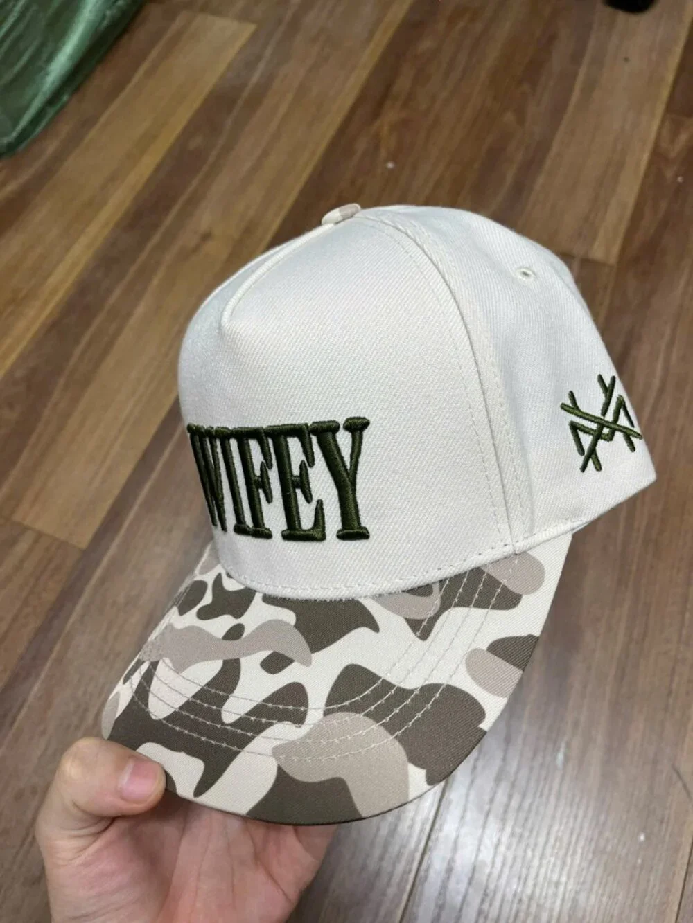 Wifey Embroidered Snapback Hat – Cream Crown Camo Flat Brim Cap with Olive Green
